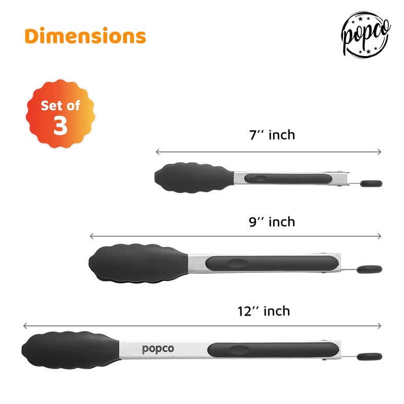 Popco 3-Piece Kitchen Tongs Set â€“ Stainless Steel Heat Resistant Silicone Tips, Strong Comfort Grip, 3 Sizes (7, 9, 12 Inch), Non-Scratch, Dishwasher Safe, for Cooking, BBQ, Salad - Image 3